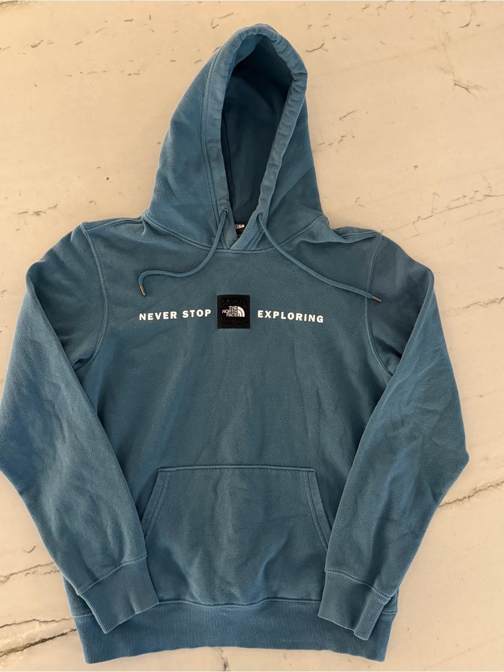 The North Face Hoodie Blue 3D Logo Hooded Sweatshirt Mens Small Never Stop Explo